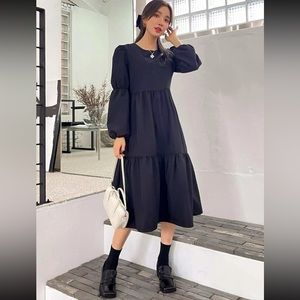DAZY Lantern Sleeve Ruffle Hem Smock Dress
